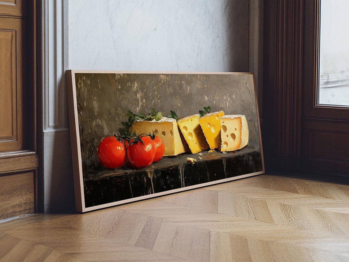 Swiss Cheese Tomatoes Still Life Classic Dark Oil Painting Art Print - Image 6