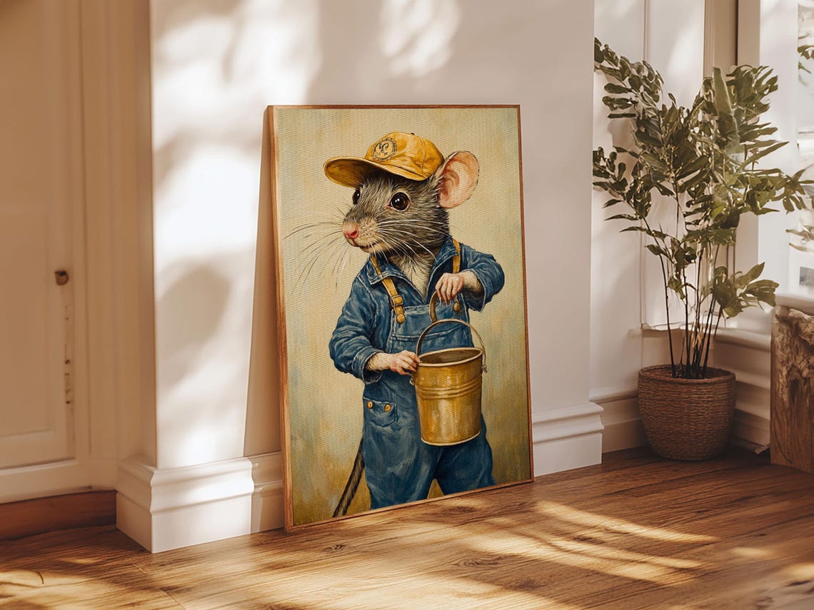Cute Rat Handyman Overalls Bucket Whimsical Storybook Animal Art Print - Image 2