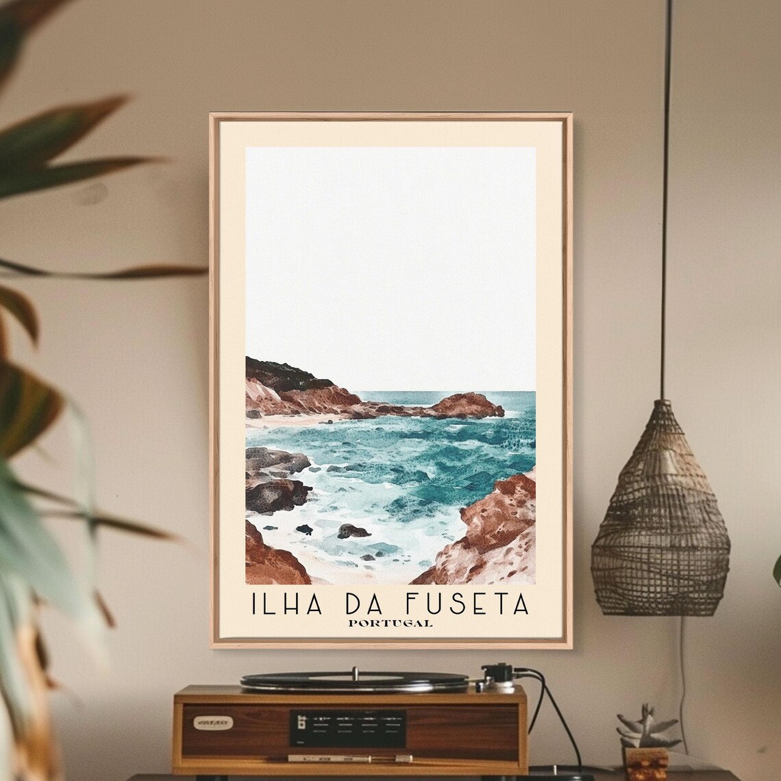 Ilha Da Fuseta Portugal Red Rocky Cove Turquoise Surf Watercolor Art Poster