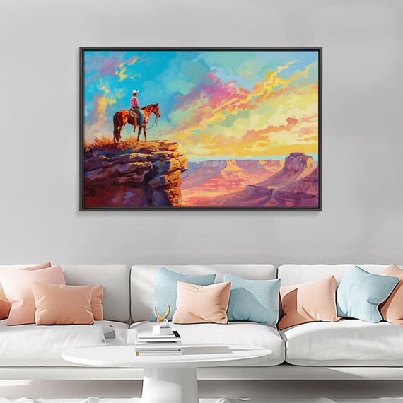 Framed Wall Art Gicle Fine Art Print Watercolor Painting Of A Cowboy On A Mountain Ridge Rustic Western Decor Country Decor Metal Print