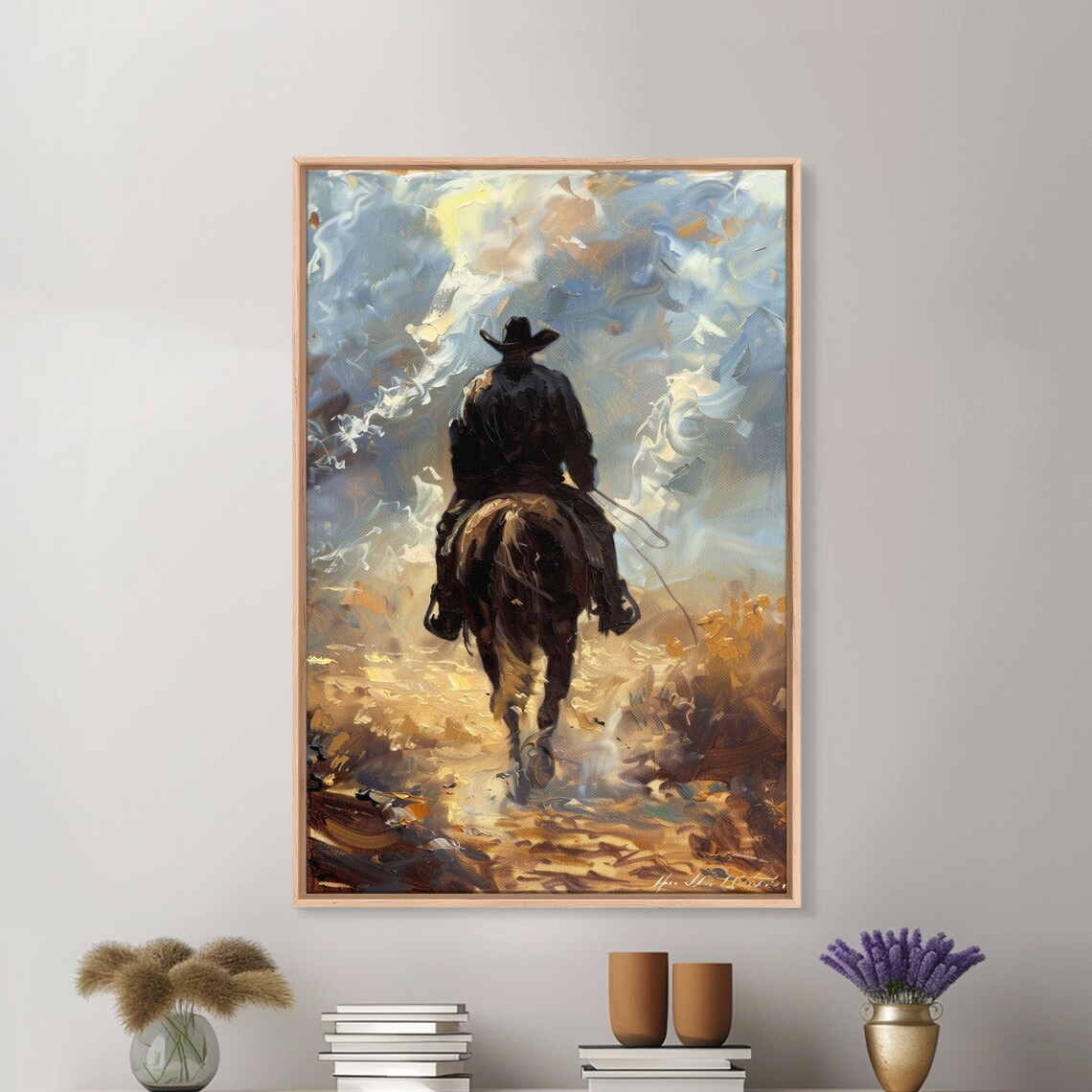 Cowboy Horseback Riding Away Golden Light Western Oil Painting Print