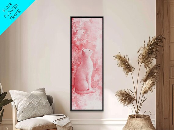 Pink Watercolor Cat Sitting Floral Whimsical Animal Wall Art