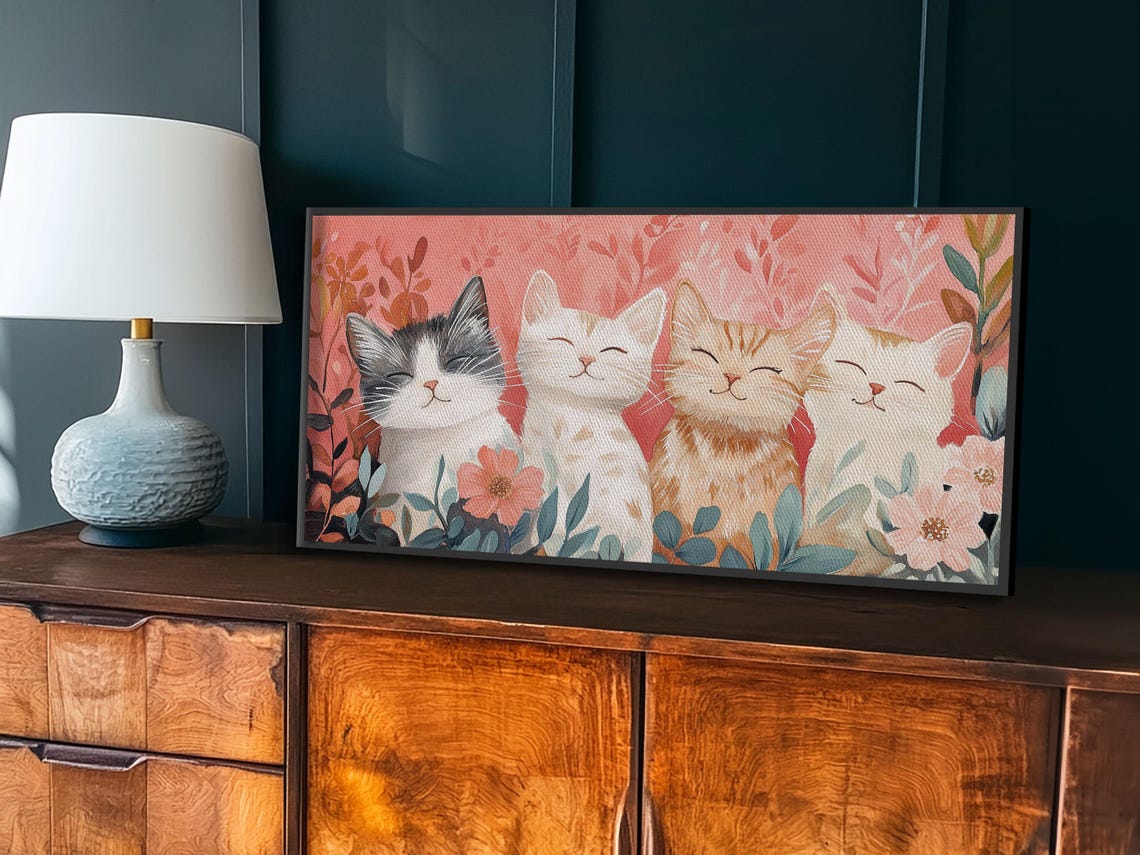 Four Happy Smiling Cats Floral Illustration Cute Kitten Gift Poster