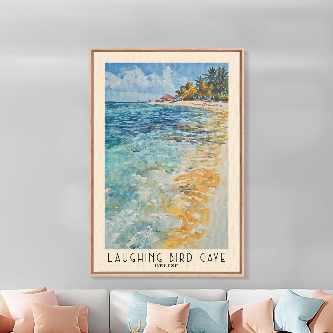 Laughing Bird Caye Belize Palm Lined Shore Beach Hut Watercolor Poster - Image 3
