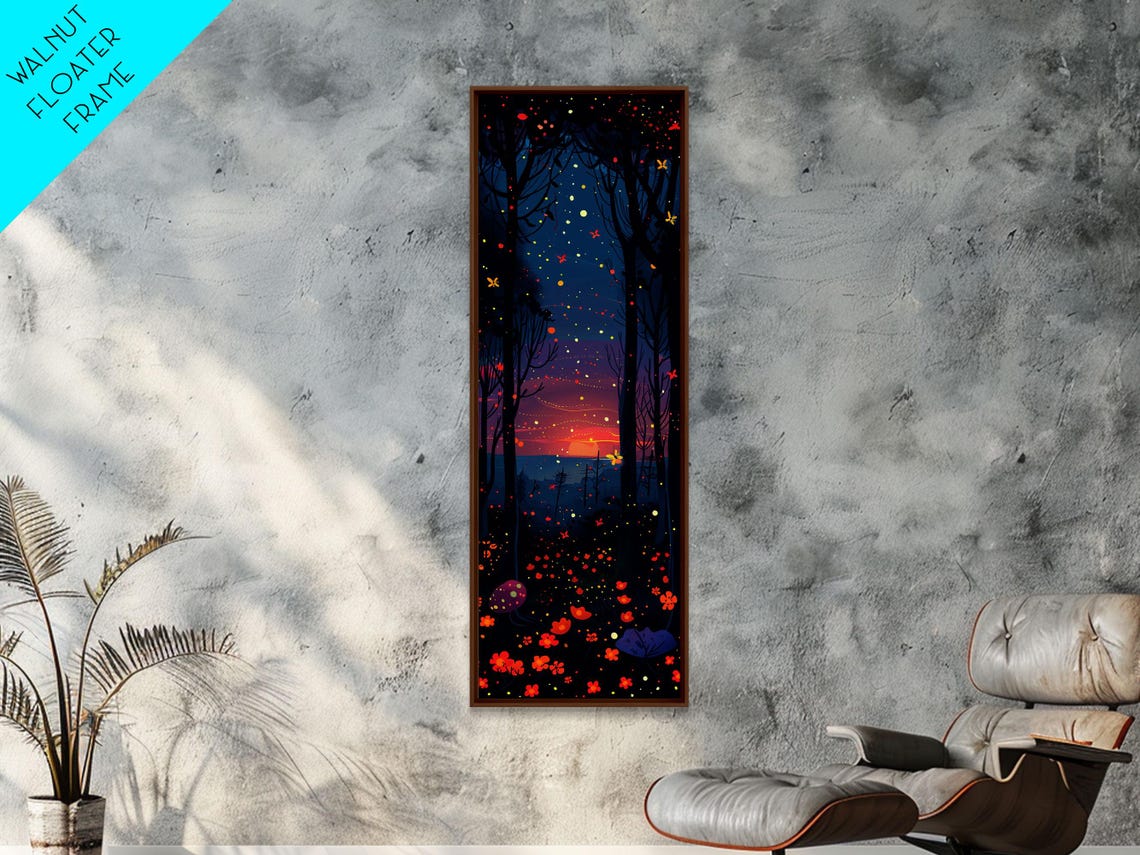 Starry Night Forest With Glowing Fireflies And Red Blooms Art Poster - Image 4