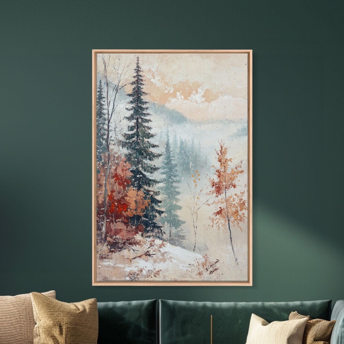 Snowy Winter Pines Birch Trees Orange Leaves Landscape Poster - Image 3