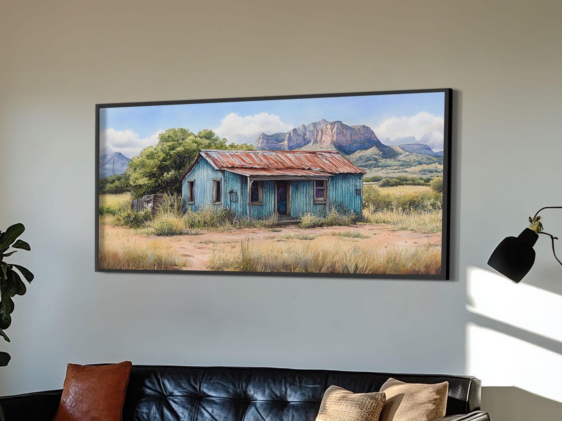 Abandoned Blue Cabin In Desert Mountain Landscape Painting Wall Art - Image 6