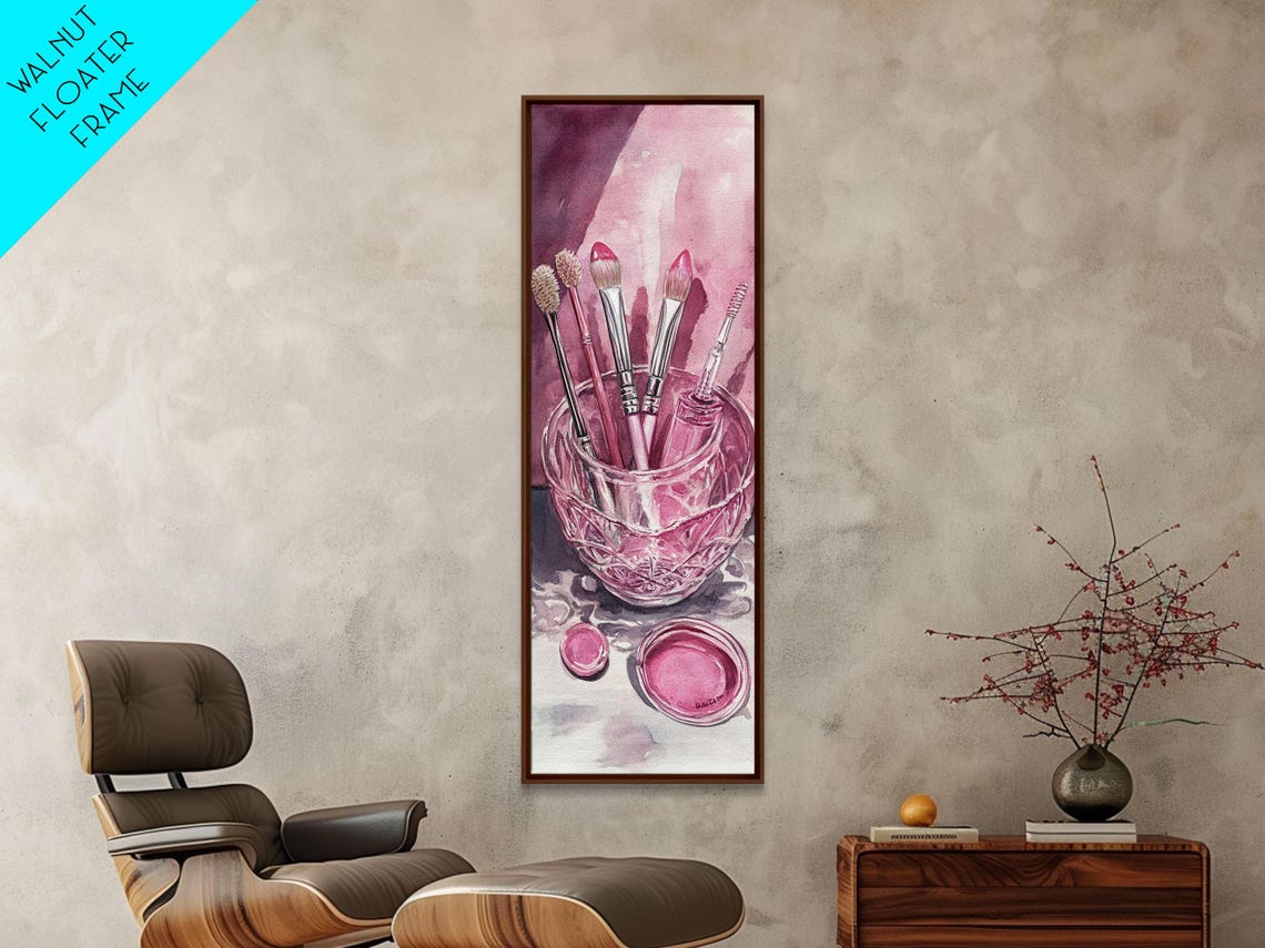 Pink Makeup Brushes Crystal Glass Jar Watercolor Beauty Wall Art - Image 2