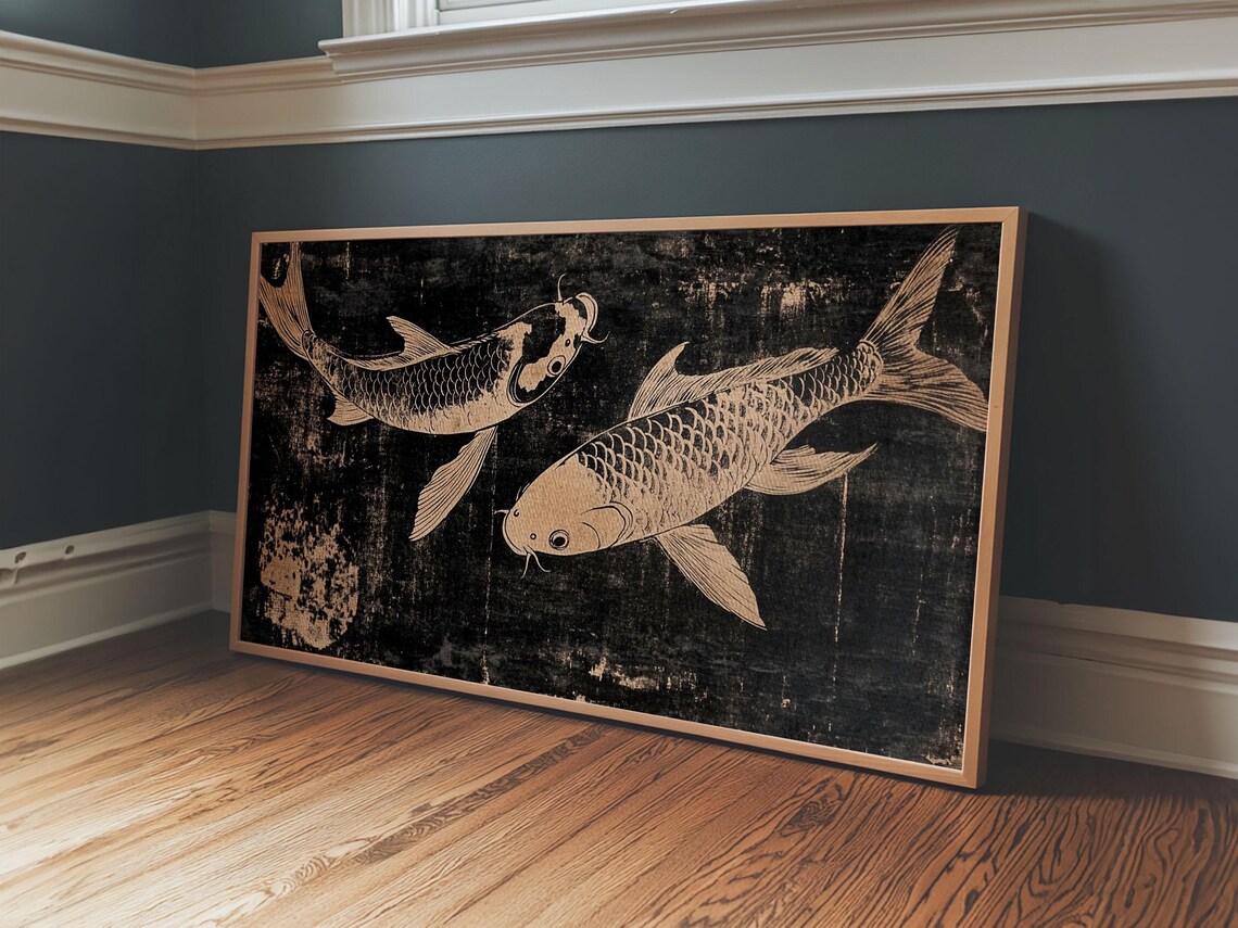 Two Koi Fish Gold Black Japanese Woodblock Style Elegant Art Print - Image 5