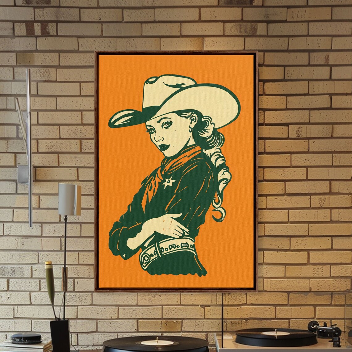 Retro Cowgirl With Hat Vintage Orange Pop Art Western Wall Art - Image 5