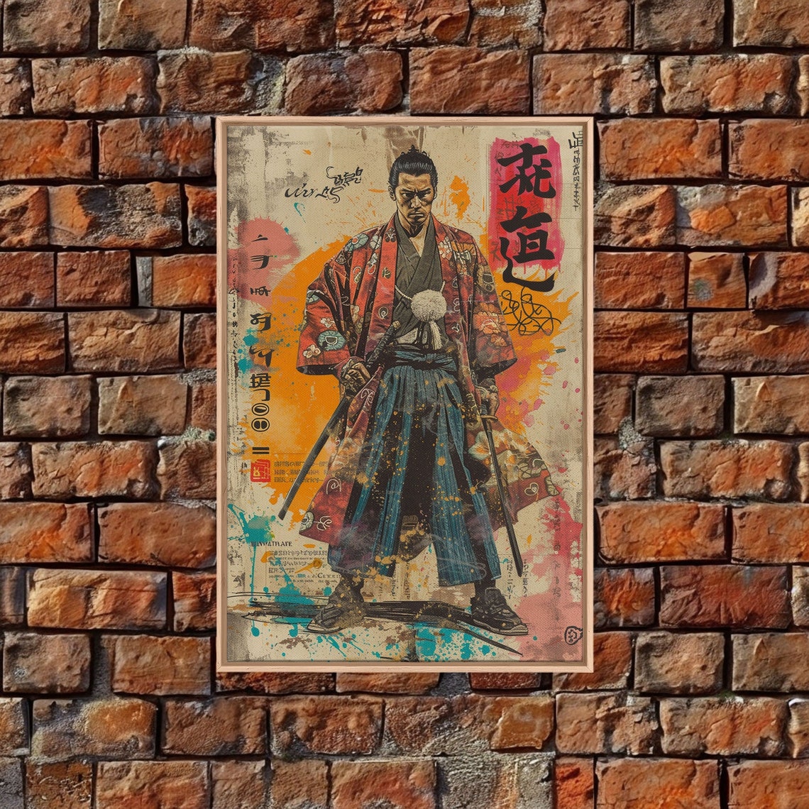 Japanese Samurai in Red Kimono Poster with Two Swords Ukiyo E Style