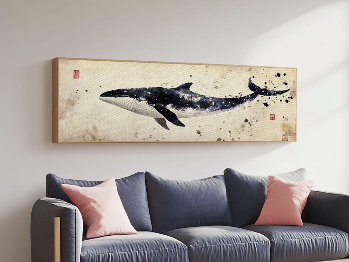 Japanese Ink Whale Watercolor Panoramic Minimalist Ocean Wall Poster - Image 4