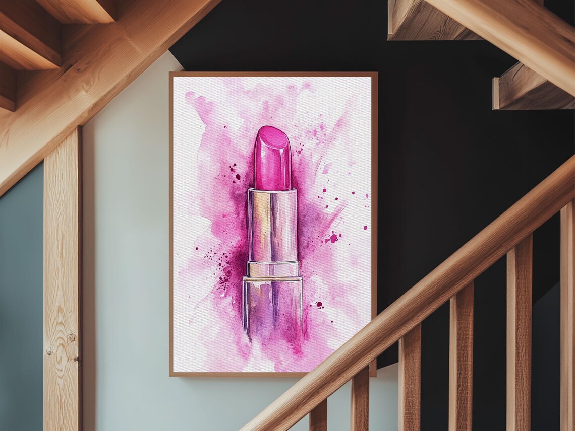 Magenta Lipstick In Chrome Tube Watercolor Bold Beauty Wall Art Print - Image 3