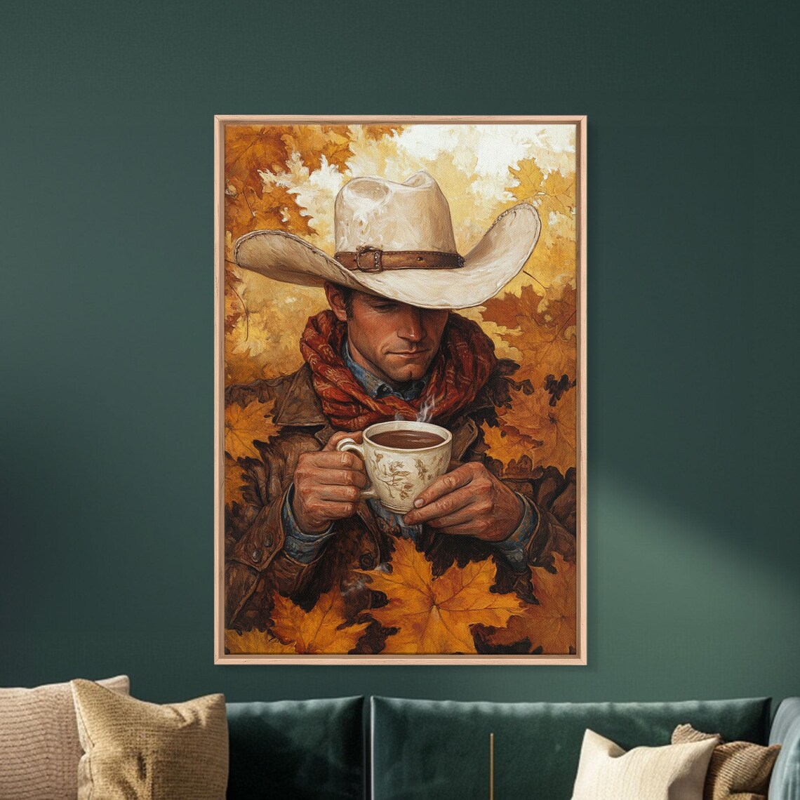 Cowboy With Coffee Mug Autumn Maple Leaves Warm Cozy Art Poster - Image 5