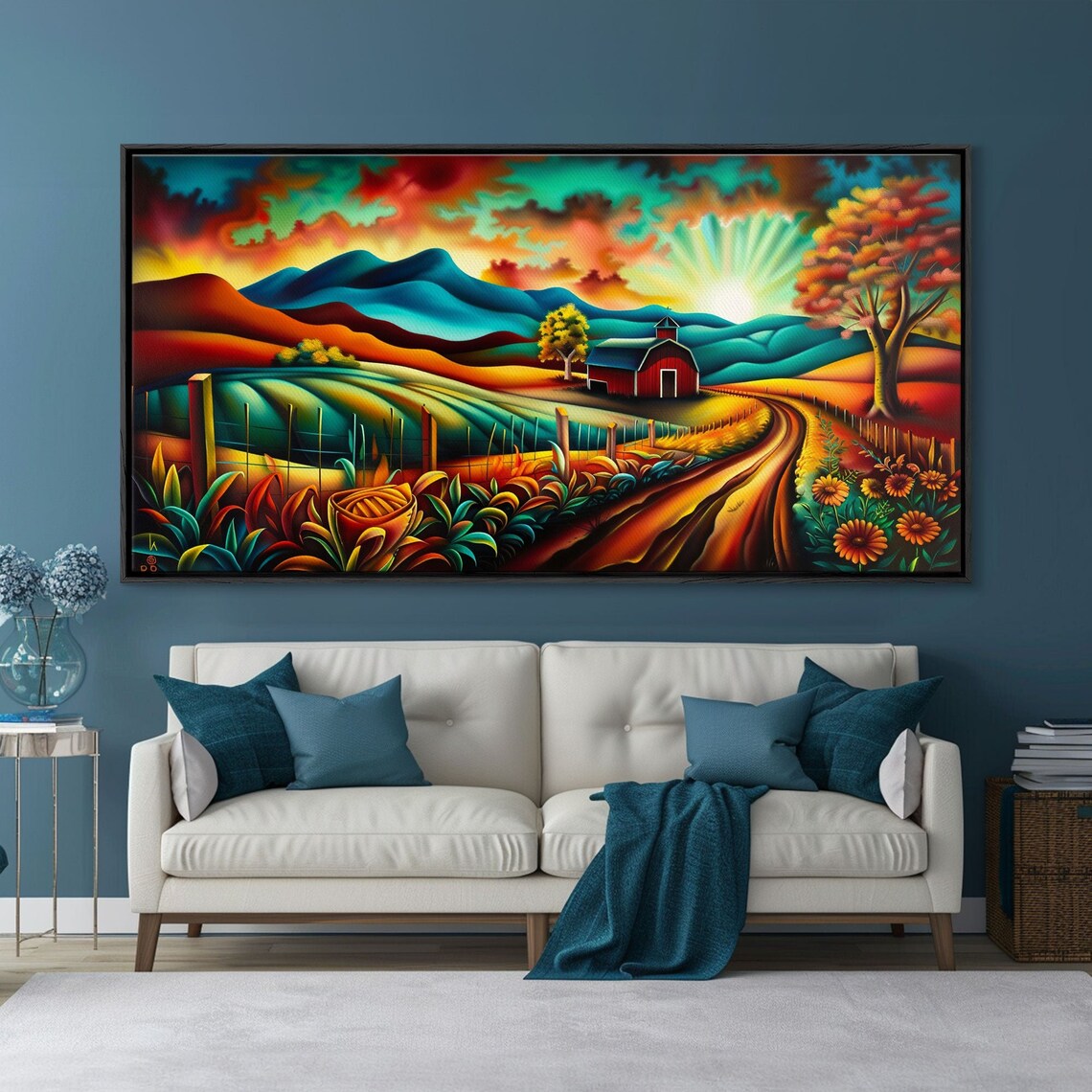 Colorful Red Barn Farm Sunrise Rolling Hills Folk Art Landscape Poster