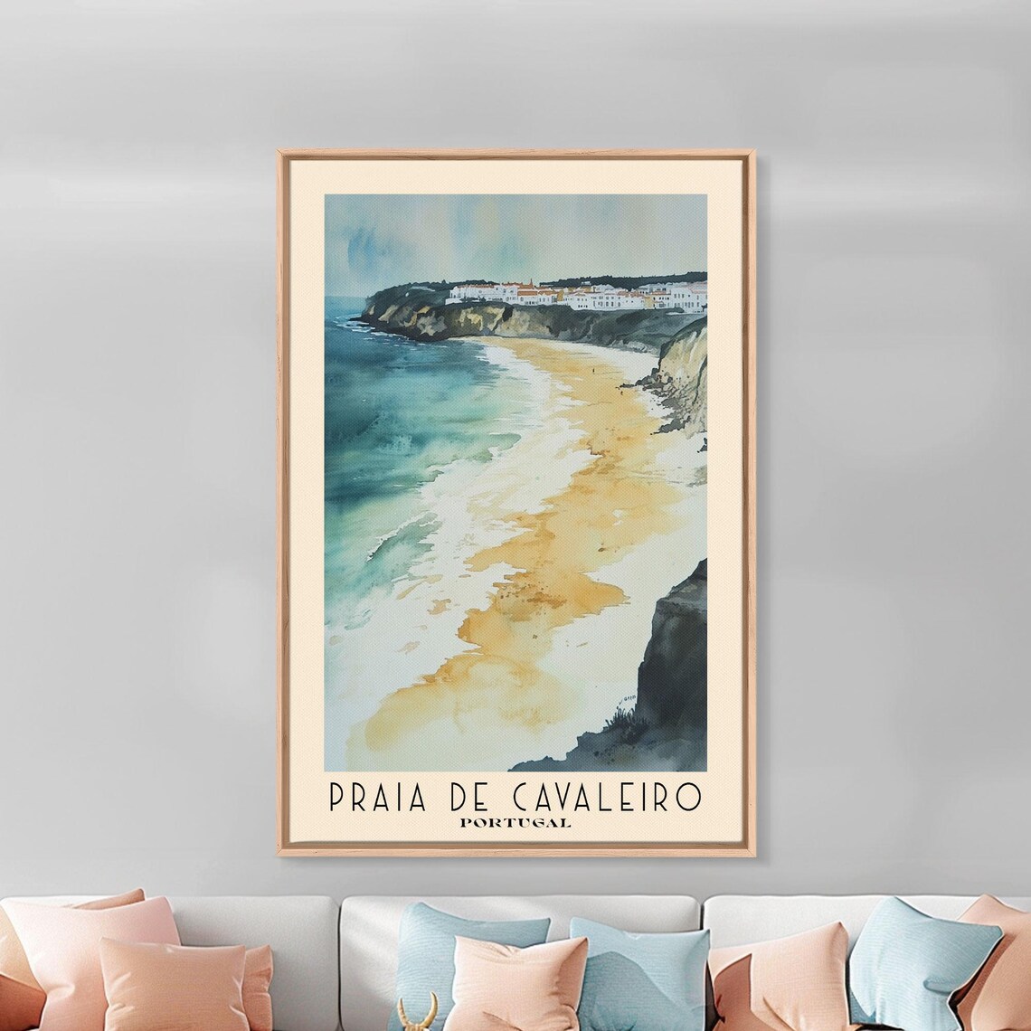 Praia de Cavaleiro Portugal Golden Beach Cliffs Town Watercolor Poster - Image 3