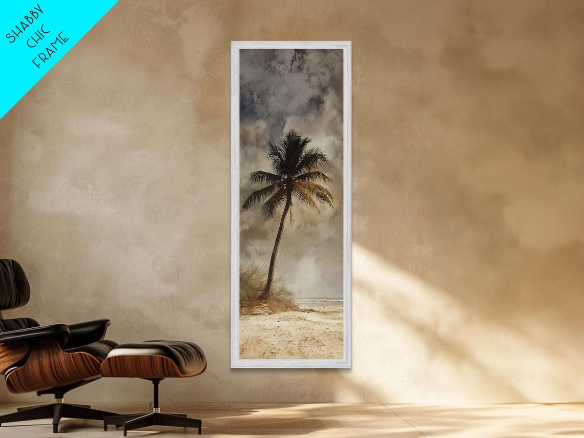 Moody Leaning Palm Tree Stormy Beach Vintage Coastal Scene Art Poster