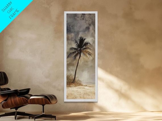 Framed Print Moody Palm Tree Painting Coastal Landscape Art Wabi Sabi Art Above Sofa Wall Decor Rustic Beach Scene Print