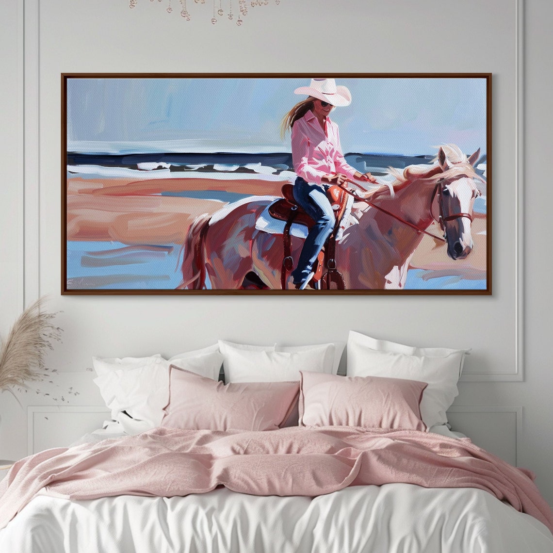 Cowgirl Riding White Horse Beach Pink Shirt White Hat Coastal Wall Art - Image 3