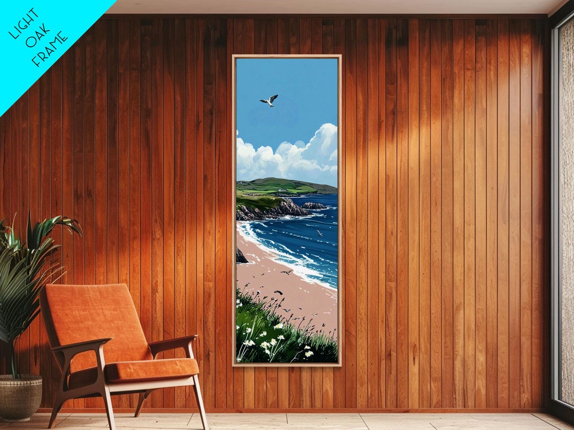 Sunny Beach Turquoise Ocean Green Cliffs Seagull Coastal Poster - Image 3