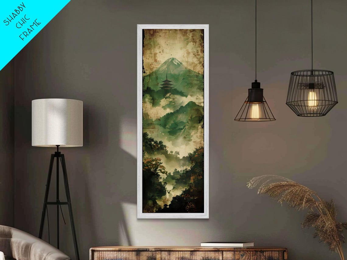 Skinny Art Tall Art Framed Print Japanese Style Art Foggy Mountain Temple Landscape Wood Block Print Ukiyo E Feng Shui Wall Art - Image 5