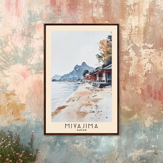 Miyajima Japan Shrine Shoreline Mount Misen Serene Watercolor Travel Poster
