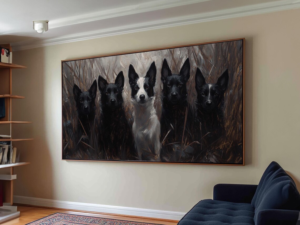 Five Black Hunting Dogs Pack Tall Grass Oil Painting Wall Art - Image 4