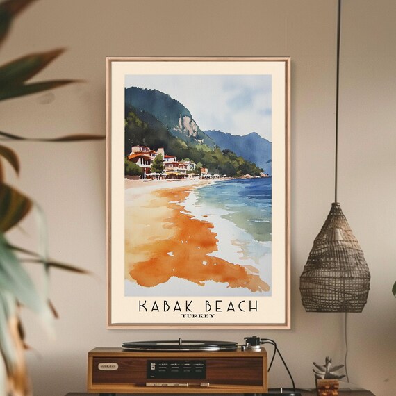 Kabak Beach Turkey Golden Sand Beach Cliff Town Blue Sea Watercolor Poster