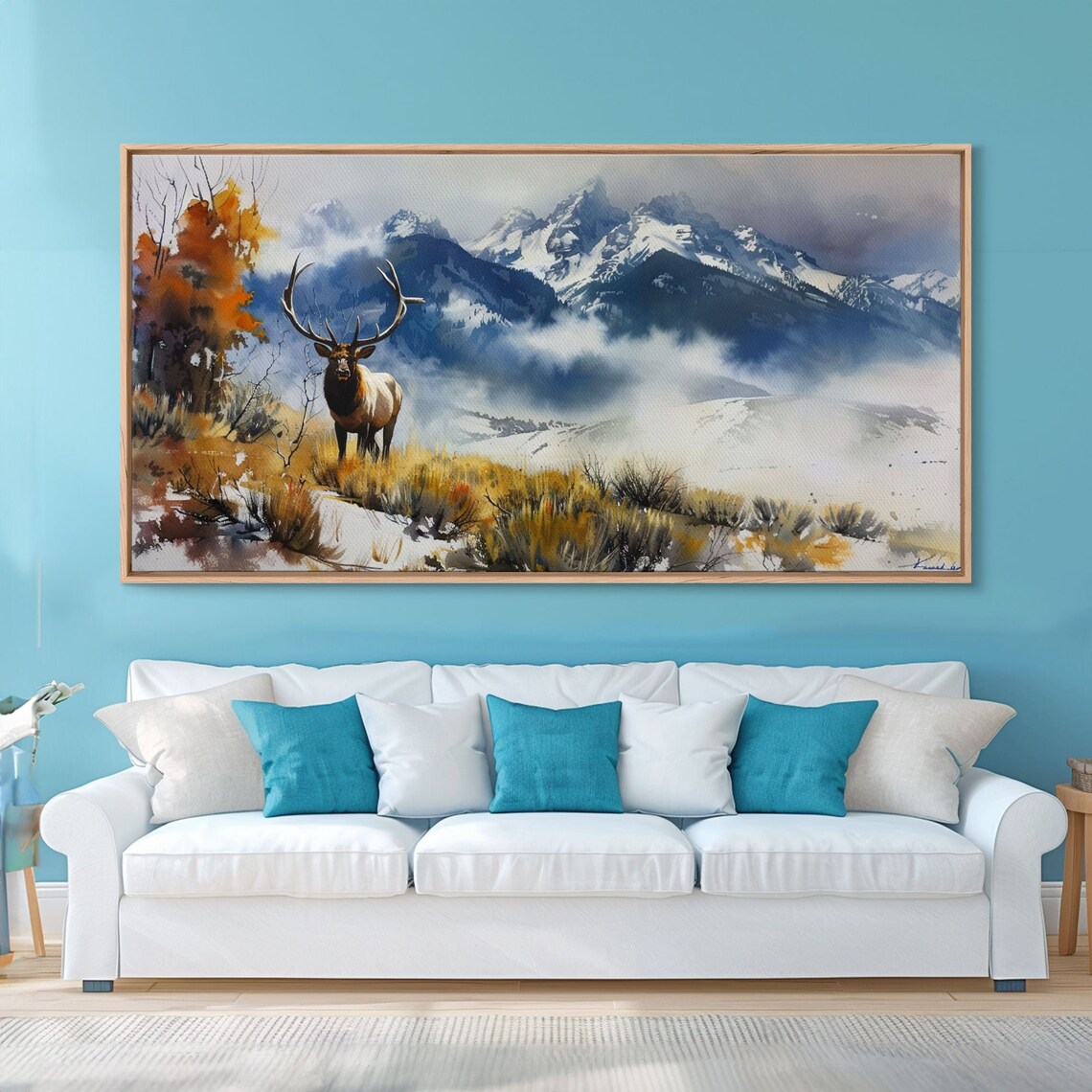 Elk With Grand Antlers In Snowy Mountain Meadow Watercolor Art Poster