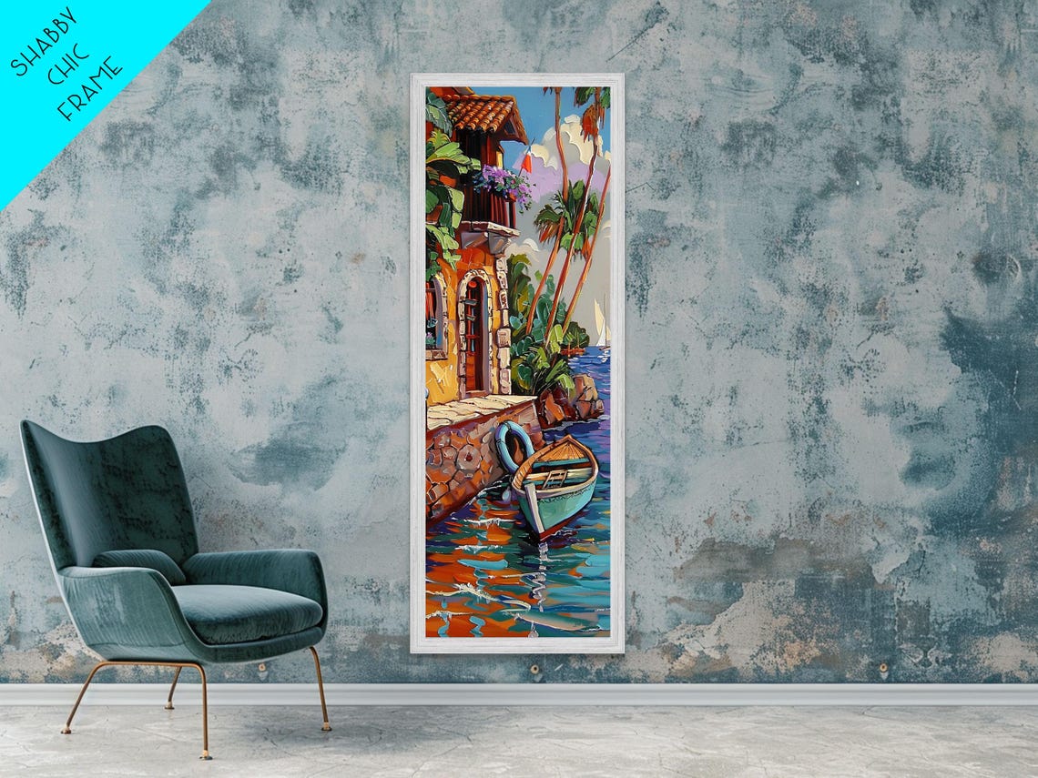 Mediterranean Waterfront Tower With Moored Boat Impasto Harbor Poster - Image 5