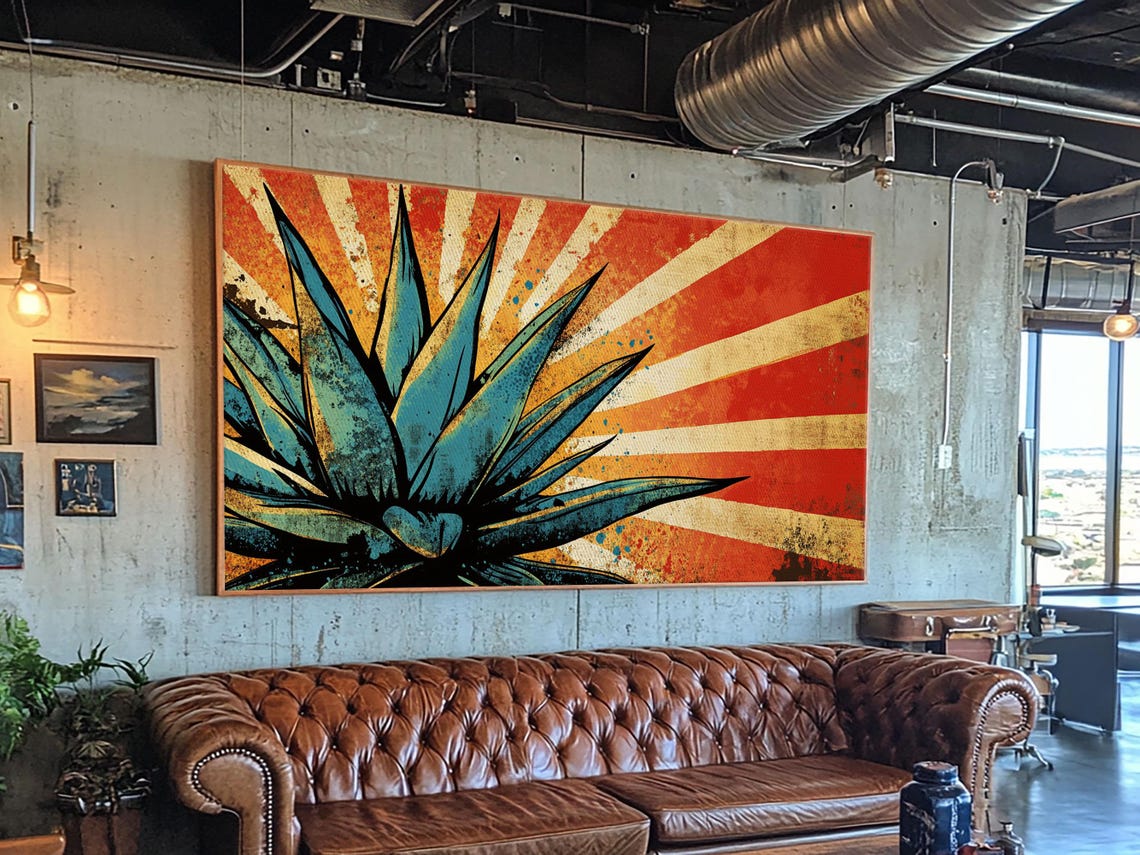 Bold Blue Agave Pop Art Red Sunburst Rays Retro Mexican Wall Art - Image 4