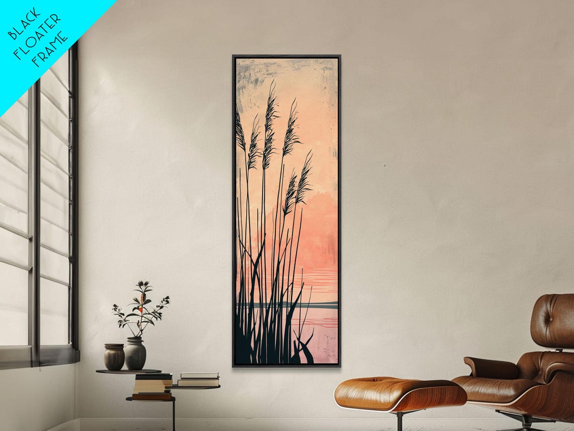 Black Reeds Silhouetted Against Glowing Orange Sunset Sky Art Poster - Image 2