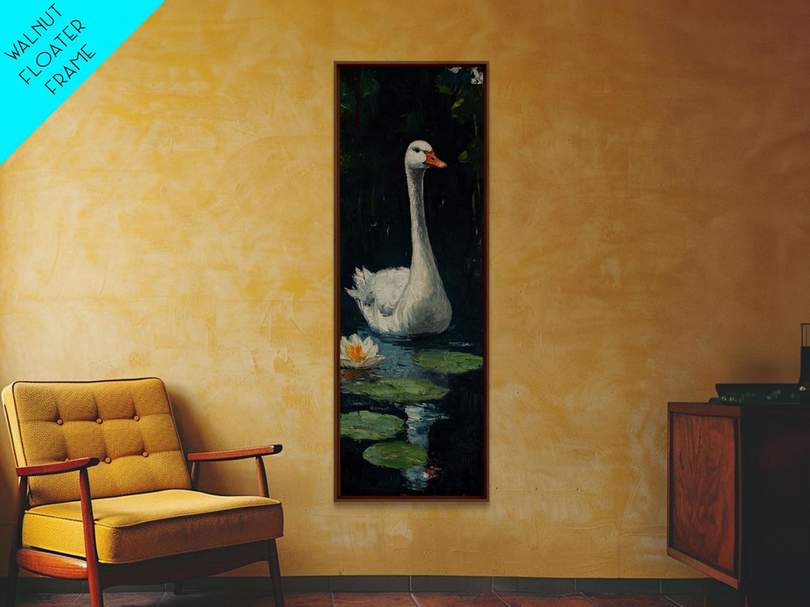 White Swan on Dark Lily Pond Water Lilies Graceful Bird Wall Art - Image 3