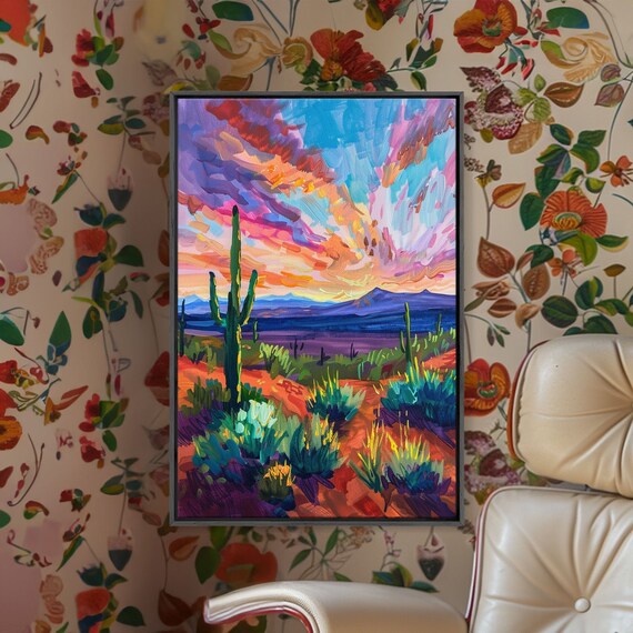 Framed Print Cacti And Mountains At Sunset Wall Art Vibrant Southwest Decor For Living Room Or Bedroom Nature Art Decoration Piece