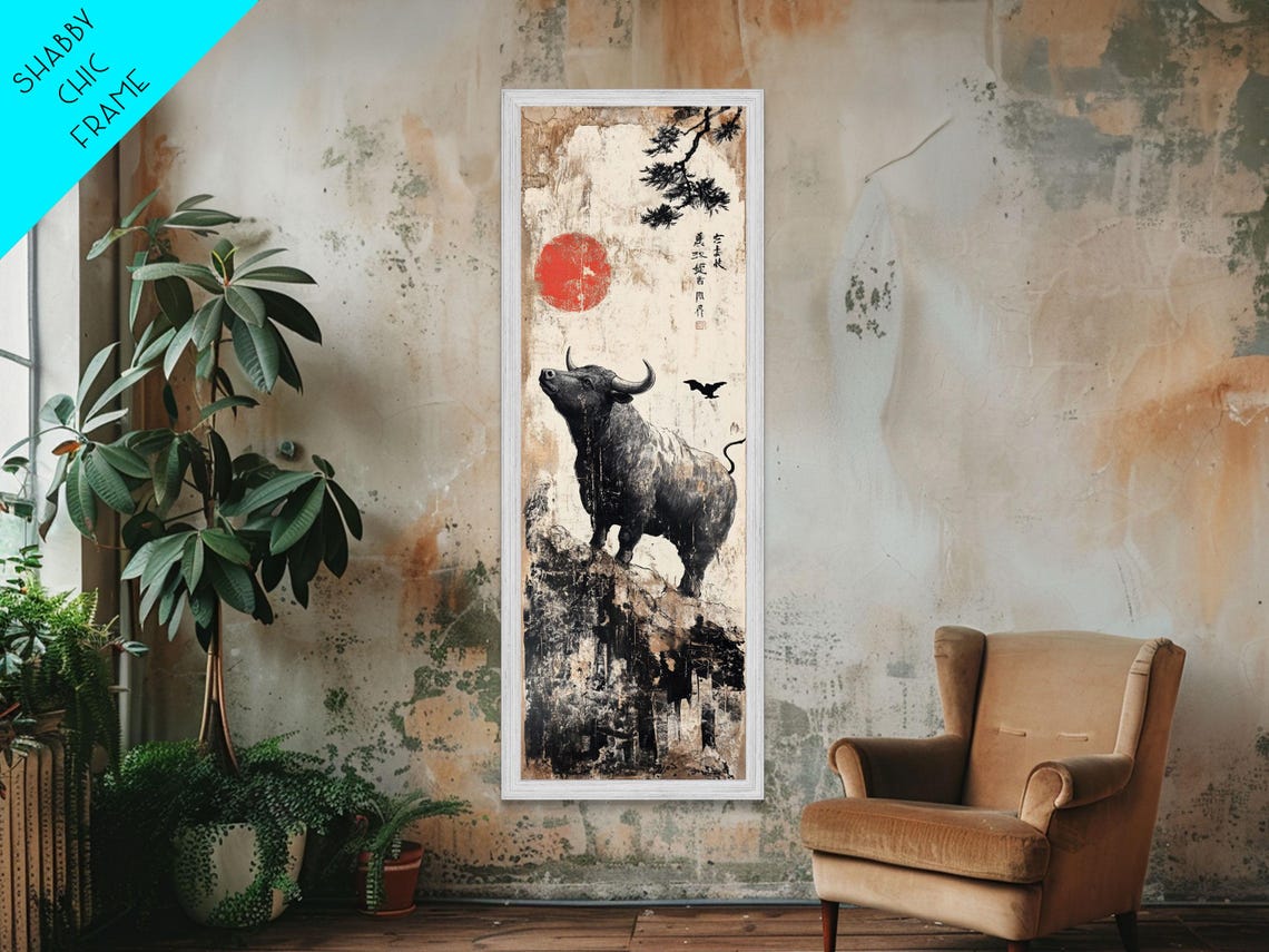 Black Buffalo Under Red Sun Japanese Ink Wash Rustic Wall Poster - Image 6