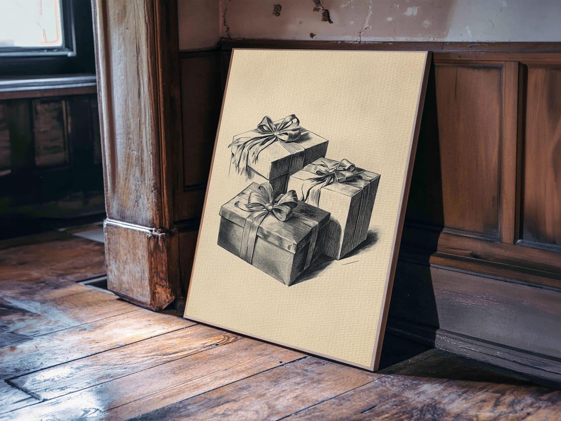 Three Wrapped Christmas Gifts Bow Sketch Vintage Holiday Poster Art
