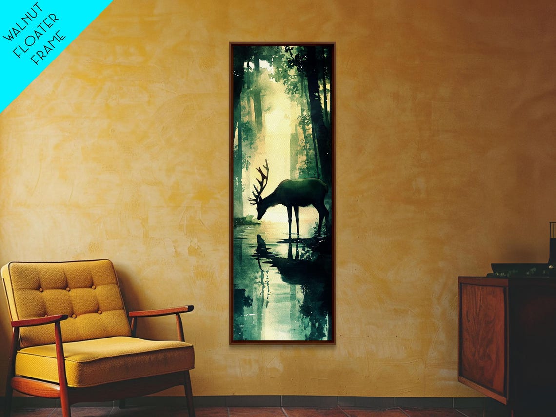 Serene Deer Drinking At Misty Forest Lake Green Reflection Art Poster