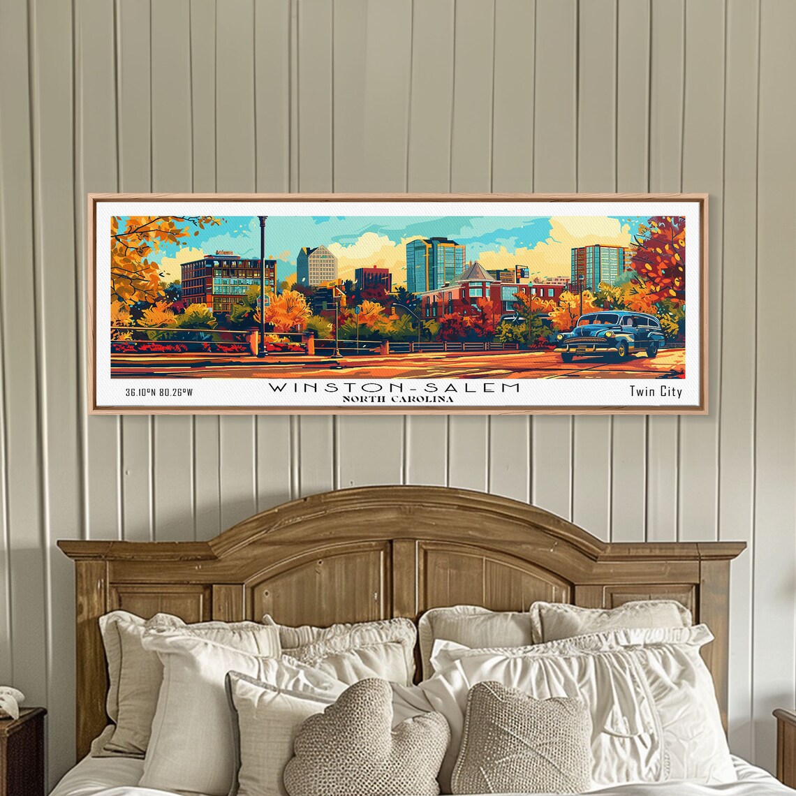 Winston-Salem North Carolina Skyline Vintage Car Autumn Travel Poster