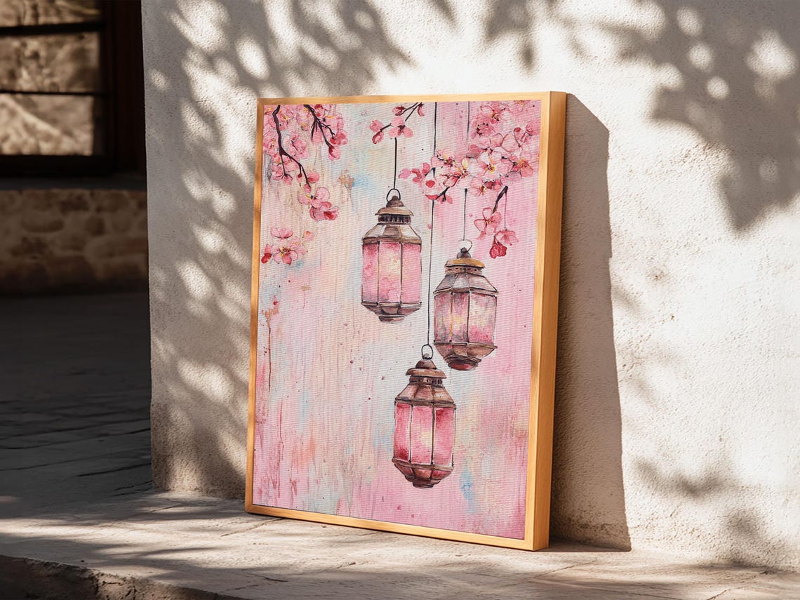 Moroccan Lanterns Cherry Blossom Pink Watercolor Boho Art Poster - Image 2