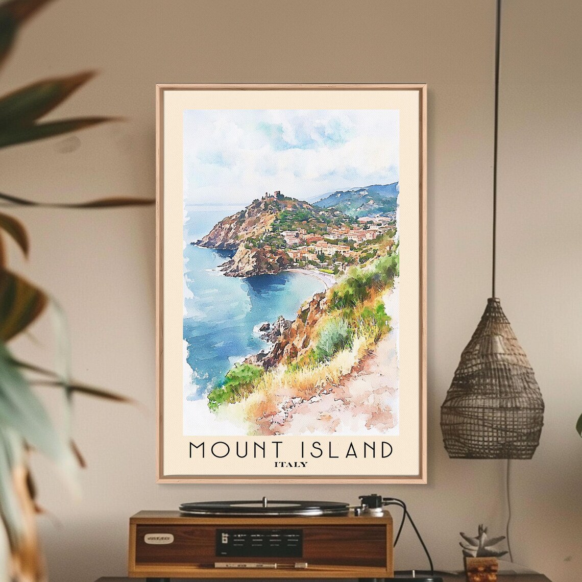 Mount Island Italy Rugged Headland Blue Bay Watercolor Travel Poster - Image 2