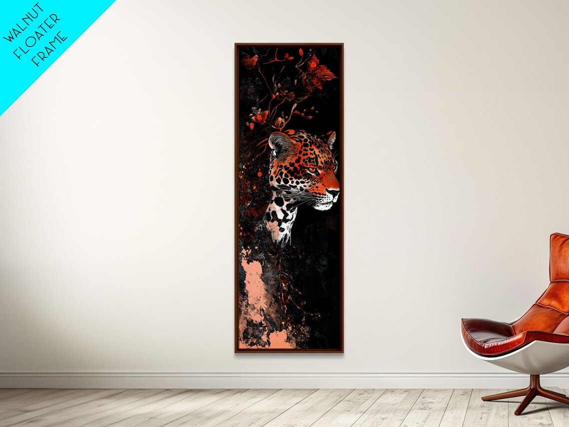 Leopard Head Autumn Leaves Red Flowers Black Background Wildlife Art Poster - Image 4