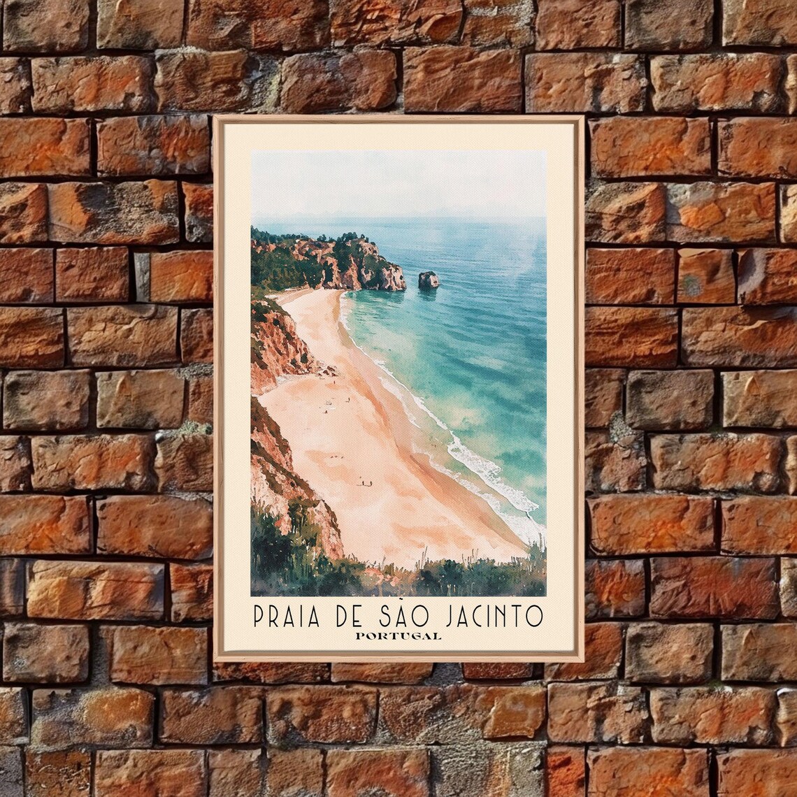 Praia de Sao Jacinto Portugal Aerial Beach View Cliffs Turquoise Sea Watercolor Poster - Image 4