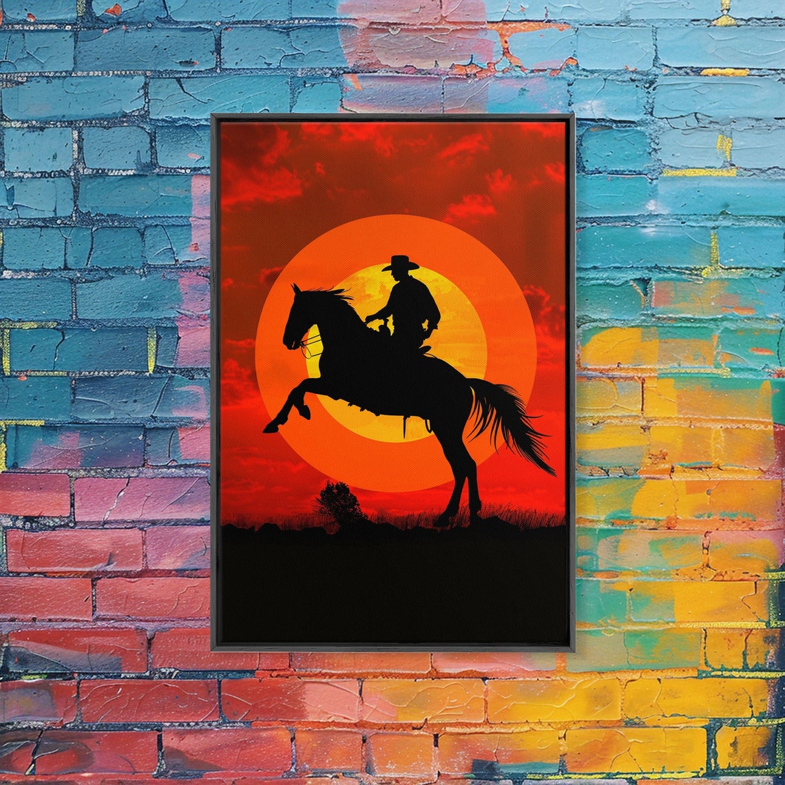 Cowboy Silhouette On Horseback Giant Sunset Western Wall Art - Image 3