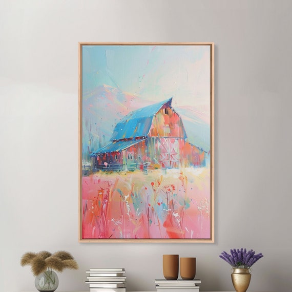 Idyllic Pastel Barn Scene In Vibrant Colors Framed Print Farmhouse Decor Countryside Art For Bedroom Rustic Wall Art Living Room