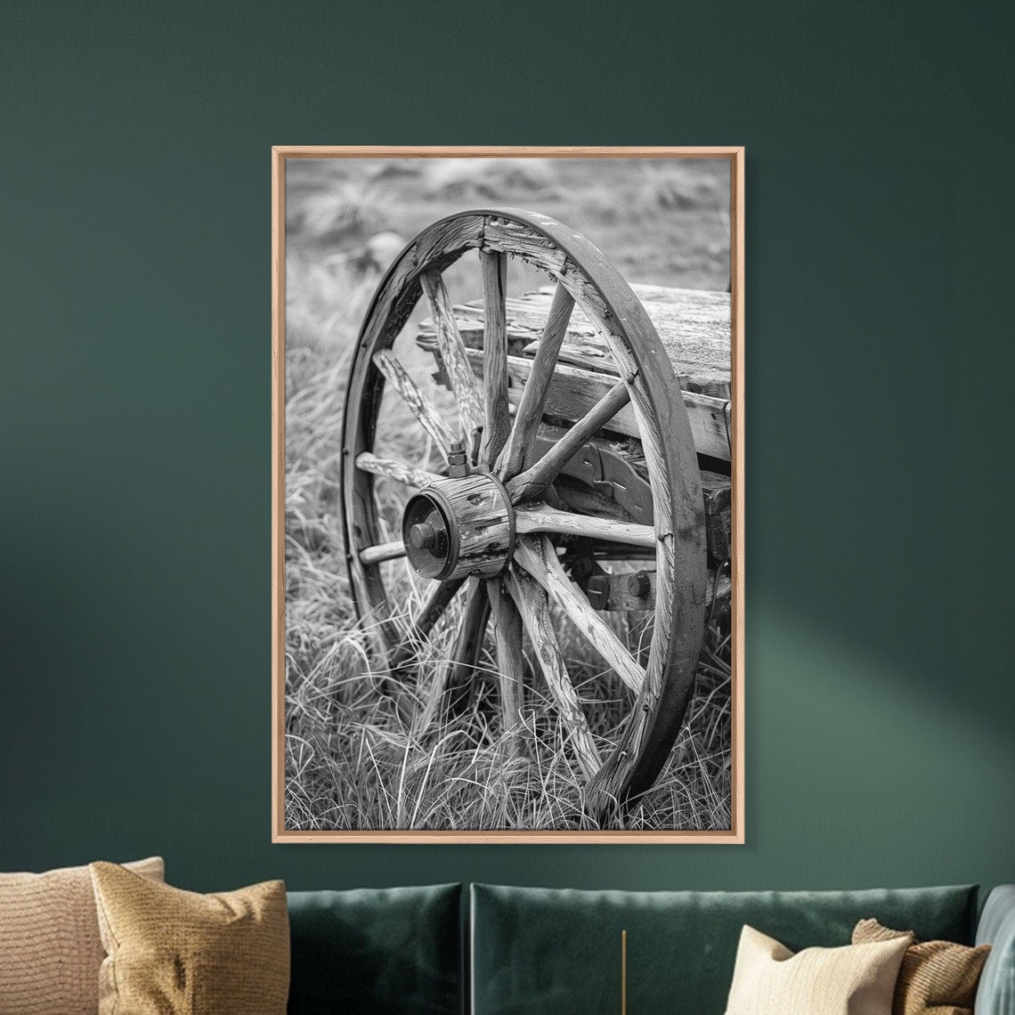 Weathered Wooden Wagon Wheel In Tall Grass Black And White Poster - Image 5