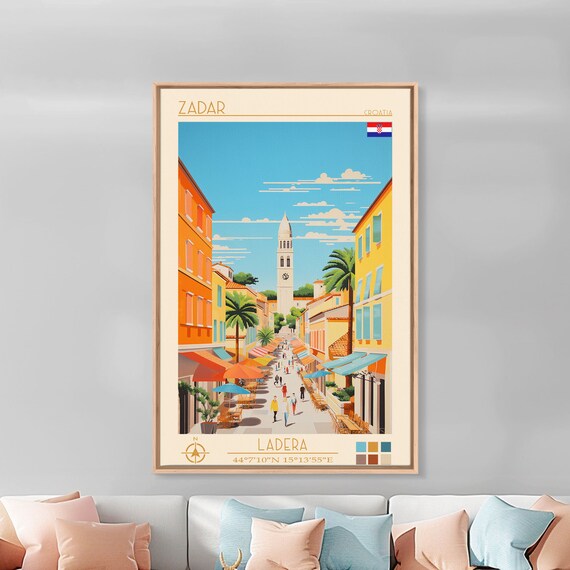 Zadar Croatia Travel Poster Framed Print Midcentury Modern Art Pop Art Wall Decor Living Room Art Vacation Gift