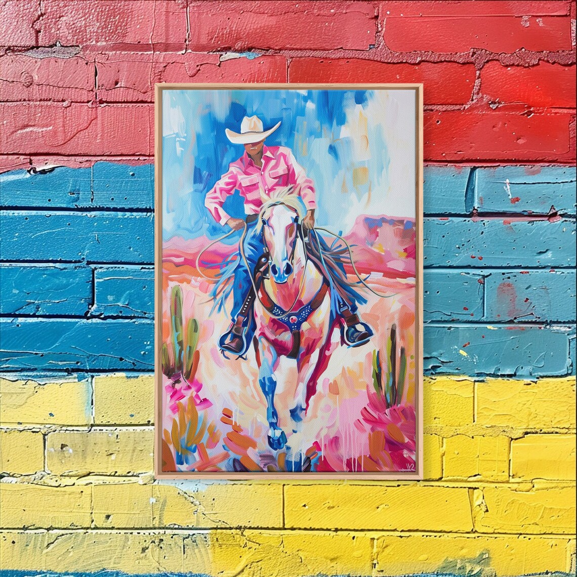 Vibrant Cowboy Riding White Horse Galloping Desert Art Poster - Image 4