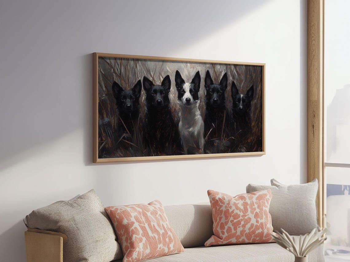 Five Black Hunting Dogs Pack Tall Grass Oil Painting Wall Art - Image 3