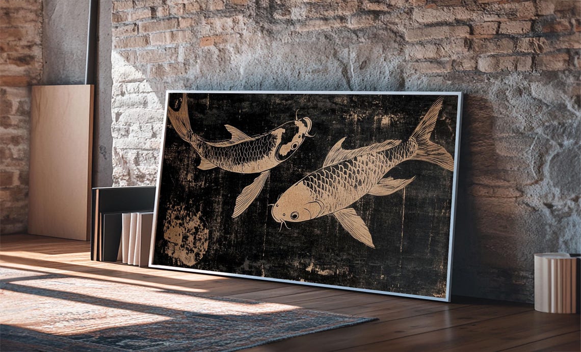 Two Koi Fish Gold Black Japanese Woodblock Style Elegant Art Print