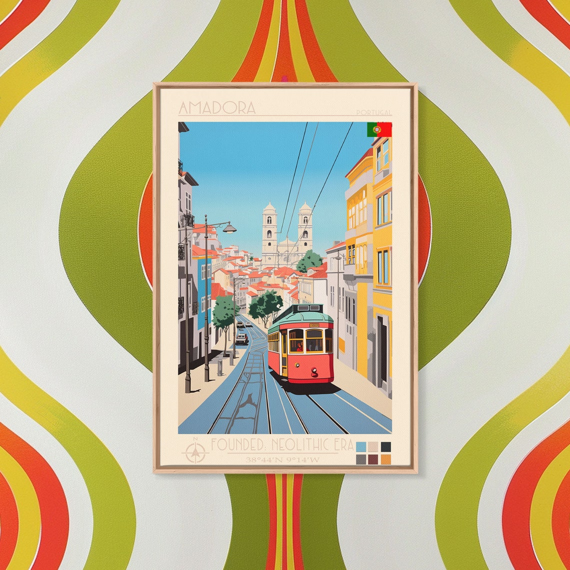 Amadora Portugal Classic Tram Steep Street Twin Tower Church Poster